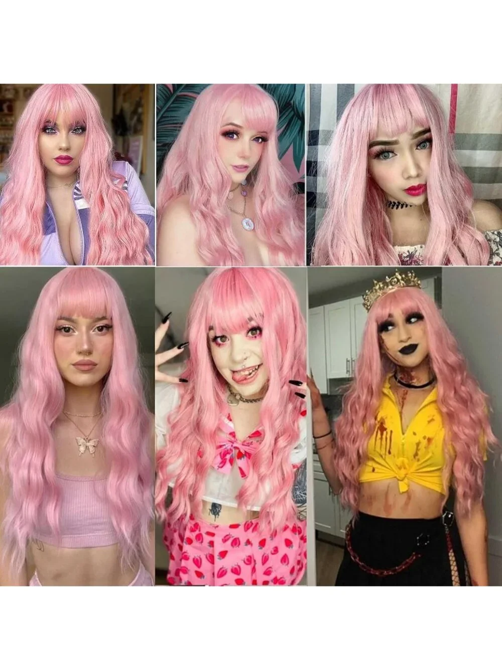 Women's Pink 26 Inch Natural Looking Synthetic Fiber Long Wavy Wigs Bangs